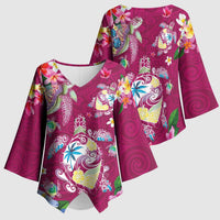Hawaiian Turtles and Tropical Plants Kimono Sleeve Blouse Pink Watercolor