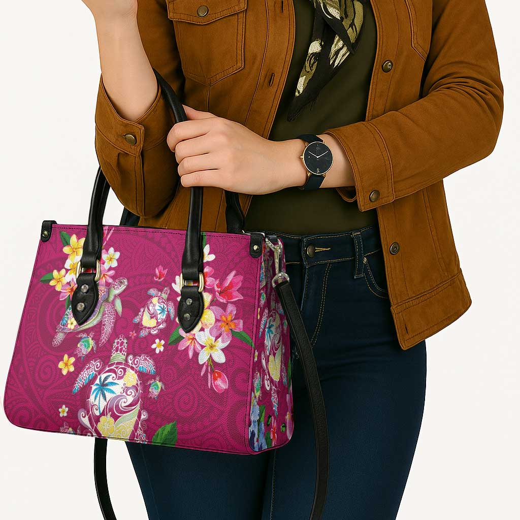 Hawaiian Turtles and Tropical Plants Leather Bag Pink Watercolor