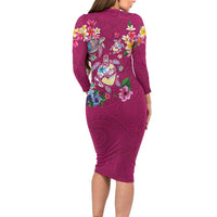 Hawaiian Turtles and Tropical Plants Long Sleeve Bodycon Dress Pink Watercolor