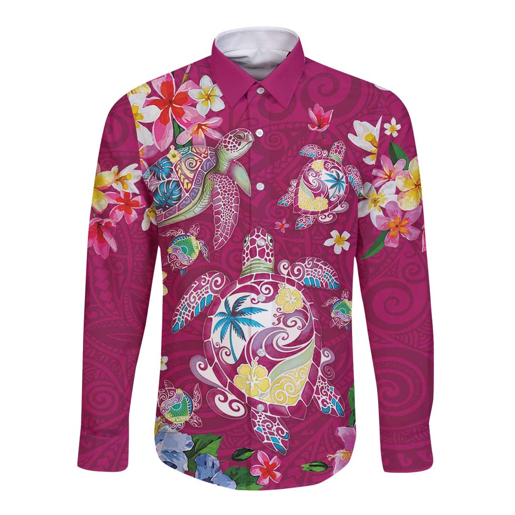 Hawaiian Turtles and Tropical Plants Long Sleeve Button Shirt Pink Watercolor LT03 Unisex Pink - Polynesian Pride