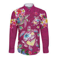 Hawaiian Turtles and Tropical Plants Long Sleeve Button Shirt Pink Watercolor LT03 Unisex Pink - Polynesian Pride