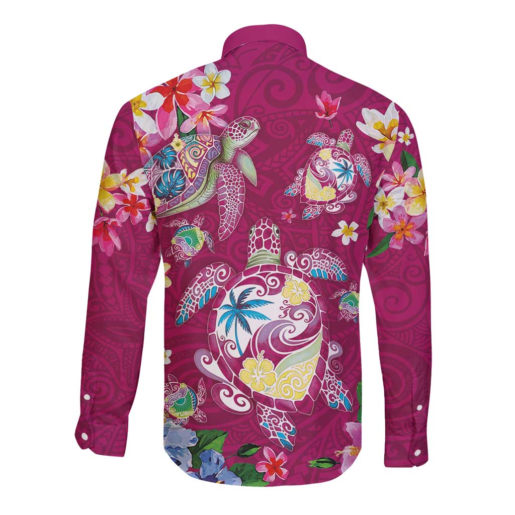 Hawaiian Turtles and Tropical Plants Long Sleeve Button Shirt Pink Watercolor LT03 - Polynesian Pride