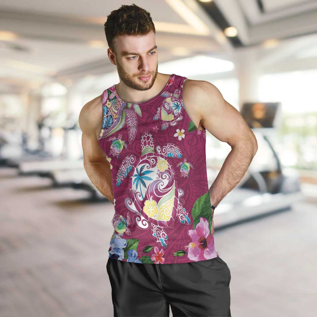 Hawaiian Turtles and Tropical Plants Men Tank Top Pink Watercolor