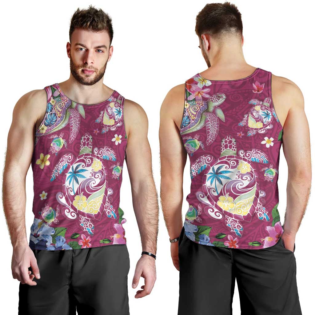 Hawaiian Turtles and Tropical Plants Men Tank Top Pink Watercolor