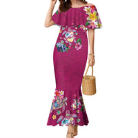 Hawaiian Turtles and Tropical Plants Mermaid Dress Pink Watercolor