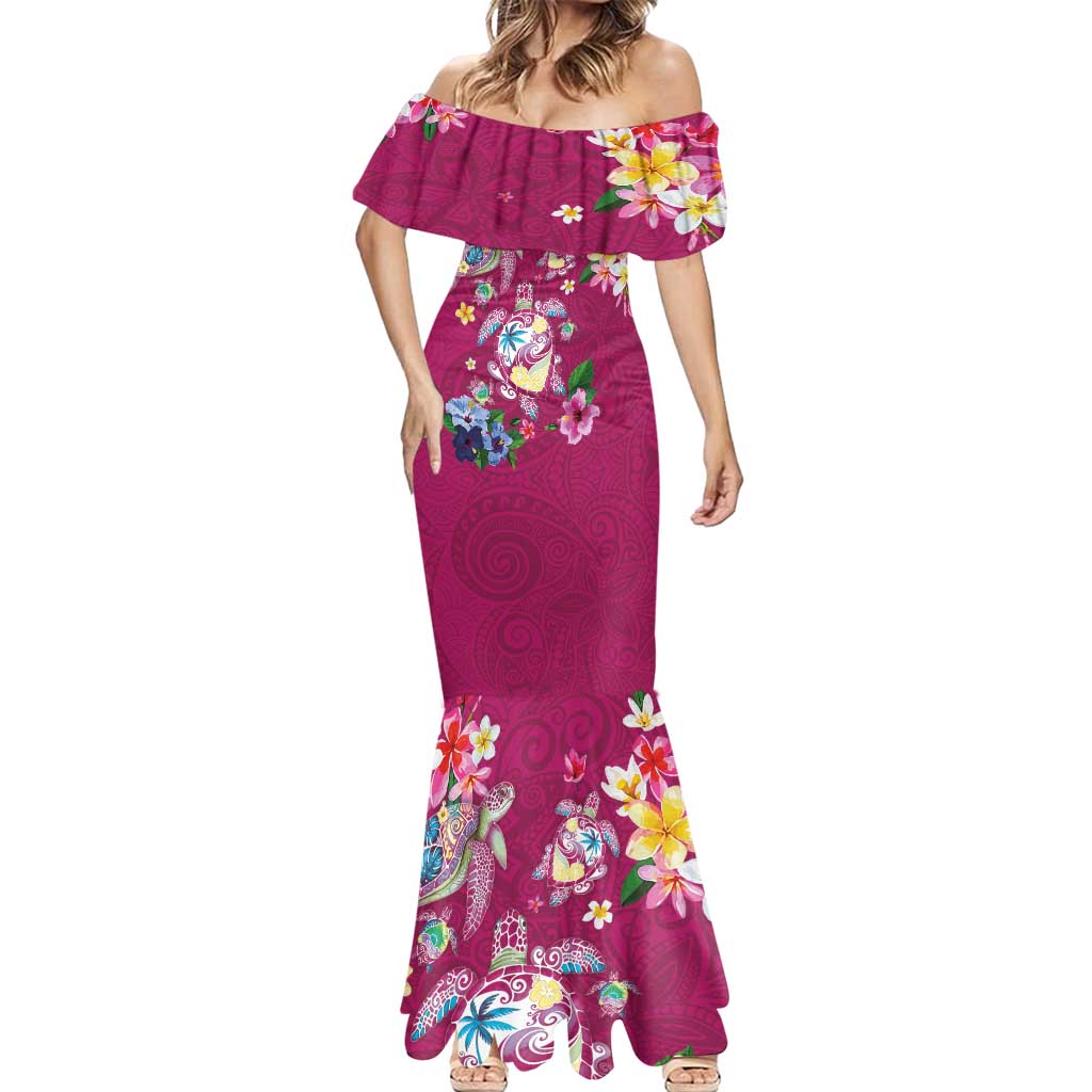 Hawaiian Turtles and Tropical Plants Mermaid Dress Pink Watercolor