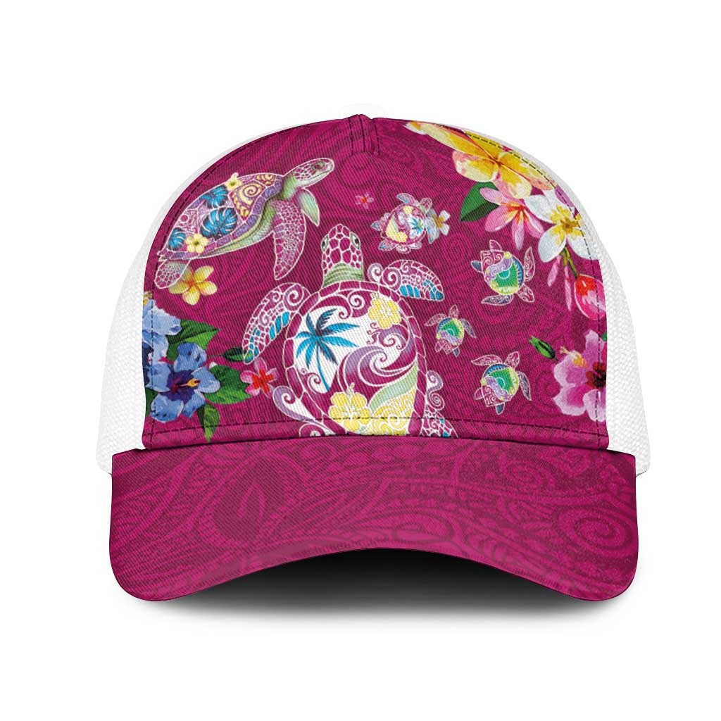 Hawaiian Turtles and Tropical Plants Mesh Trucker Cap Pink Watercolor
