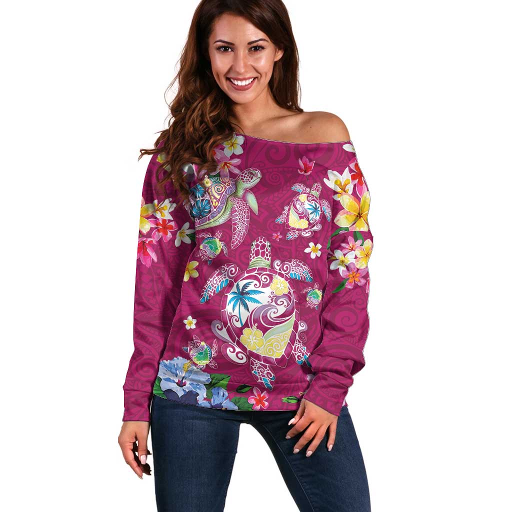 Hawaiian Turtles and Tropical Plants Off Shoulder Sweater Pink Watercolor