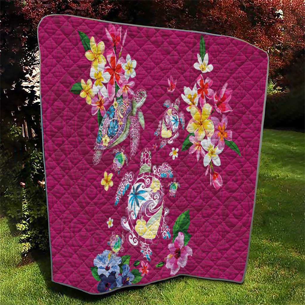 Hawaiian Turtles and Tropical Plants Quilt Pink Watercolor