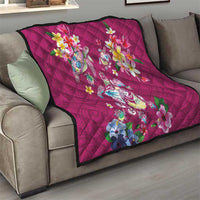 Hawaiian Turtles and Tropical Plants Quilt Pink Watercolor