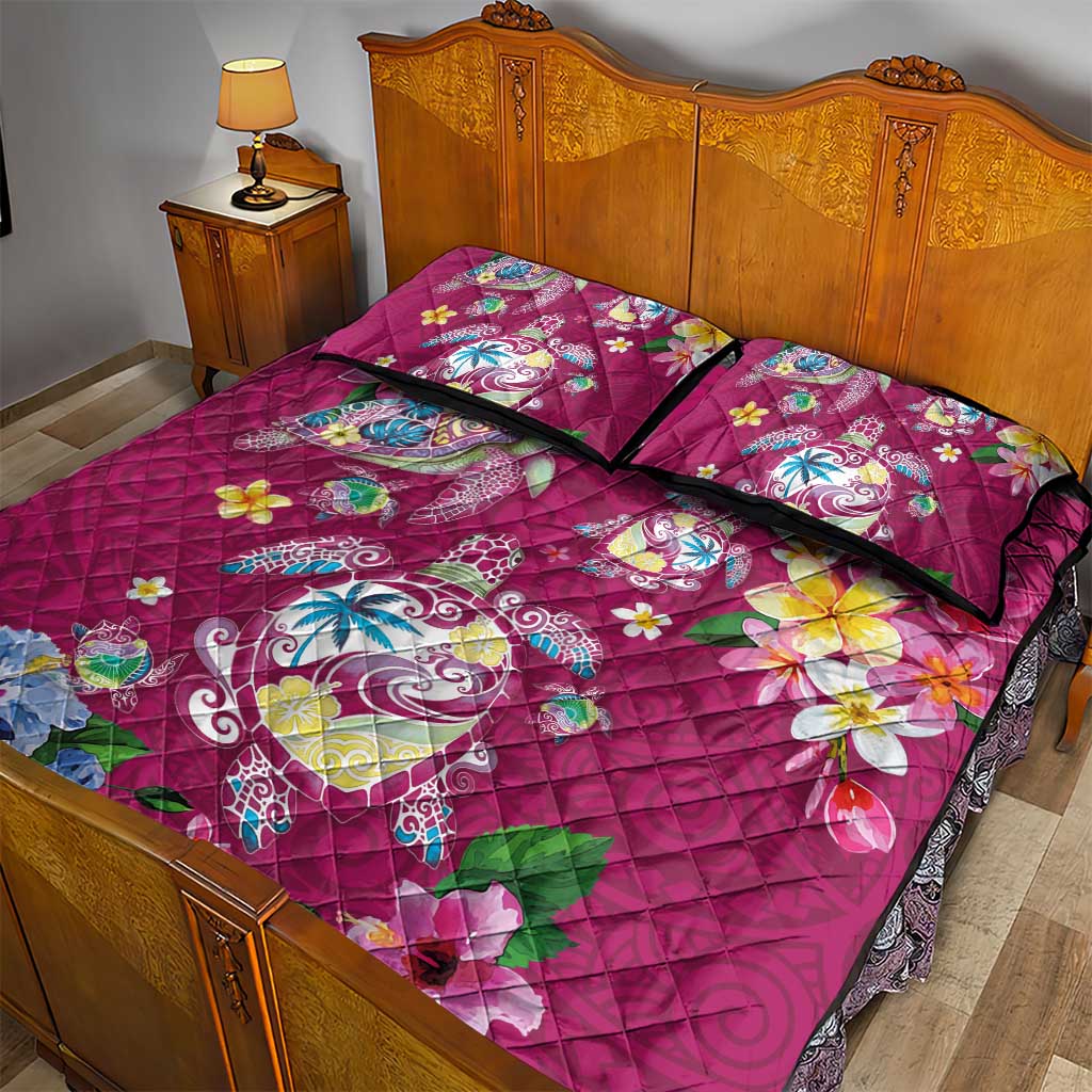 Hawaiian Turtles and Tropical Plants Quilt Bed Set Pink Watercolor