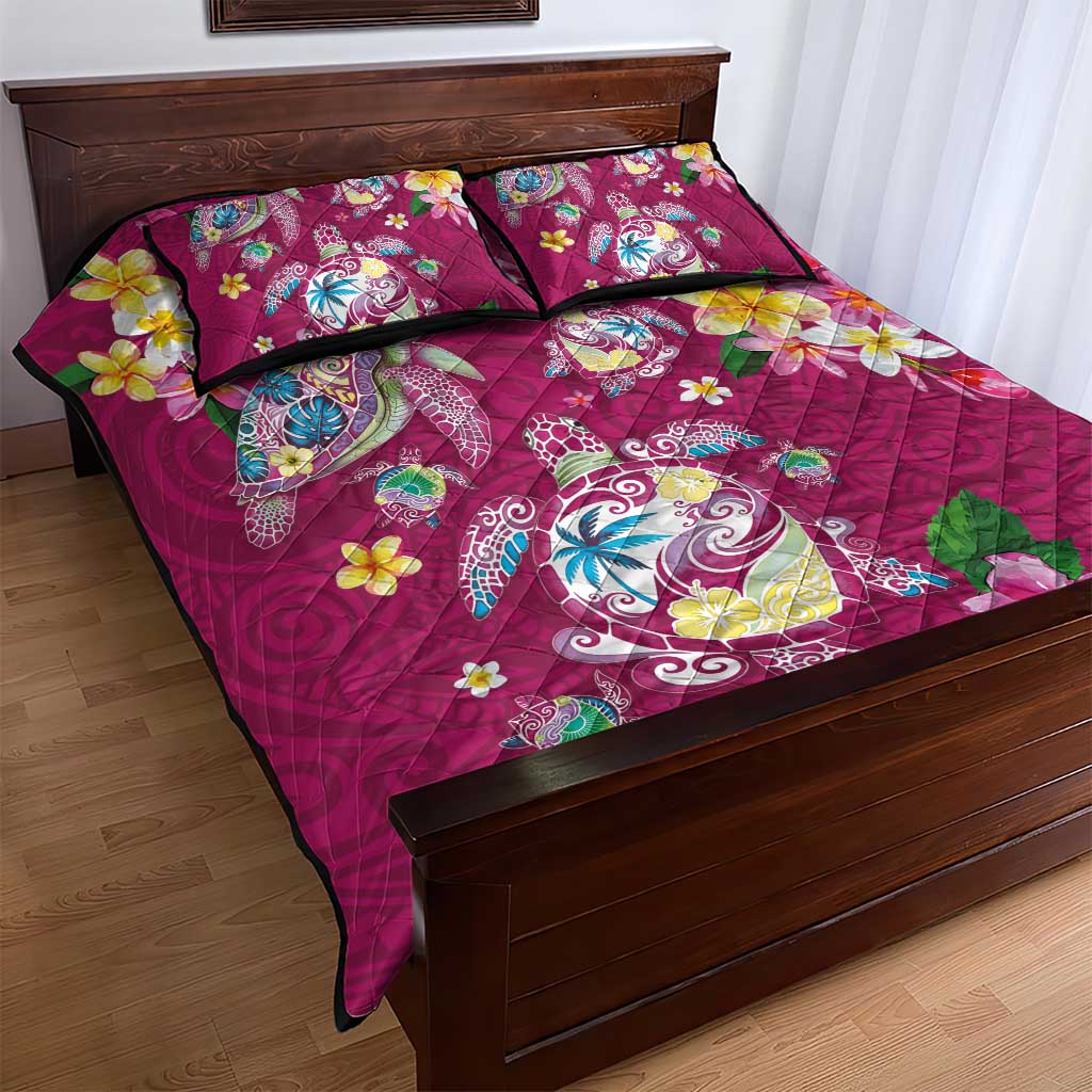 Hawaiian Turtles and Tropical Plants Quilt Bed Set Pink Watercolor