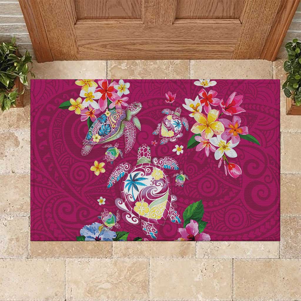 Hawaiian Turtles and Tropical Plants Rubber Doormat Pink Watercolor