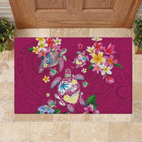 Hawaiian Turtles and Tropical Plants Rubber Doormat Pink Watercolor