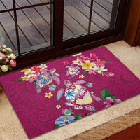 Hawaiian Turtles and Tropical Plants Rubber Doormat Pink Watercolor