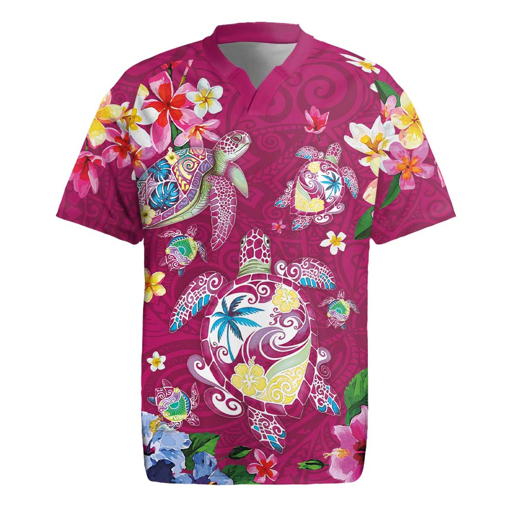 Hawaiian Turtles and Tropical Plants Rugby Jersey Pink Watercolor LT03 Pink - Polynesian Pride