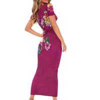 Hawaiian Turtles and Tropical Plants Short Sleeve Bodycon Dress Pink Watercolor