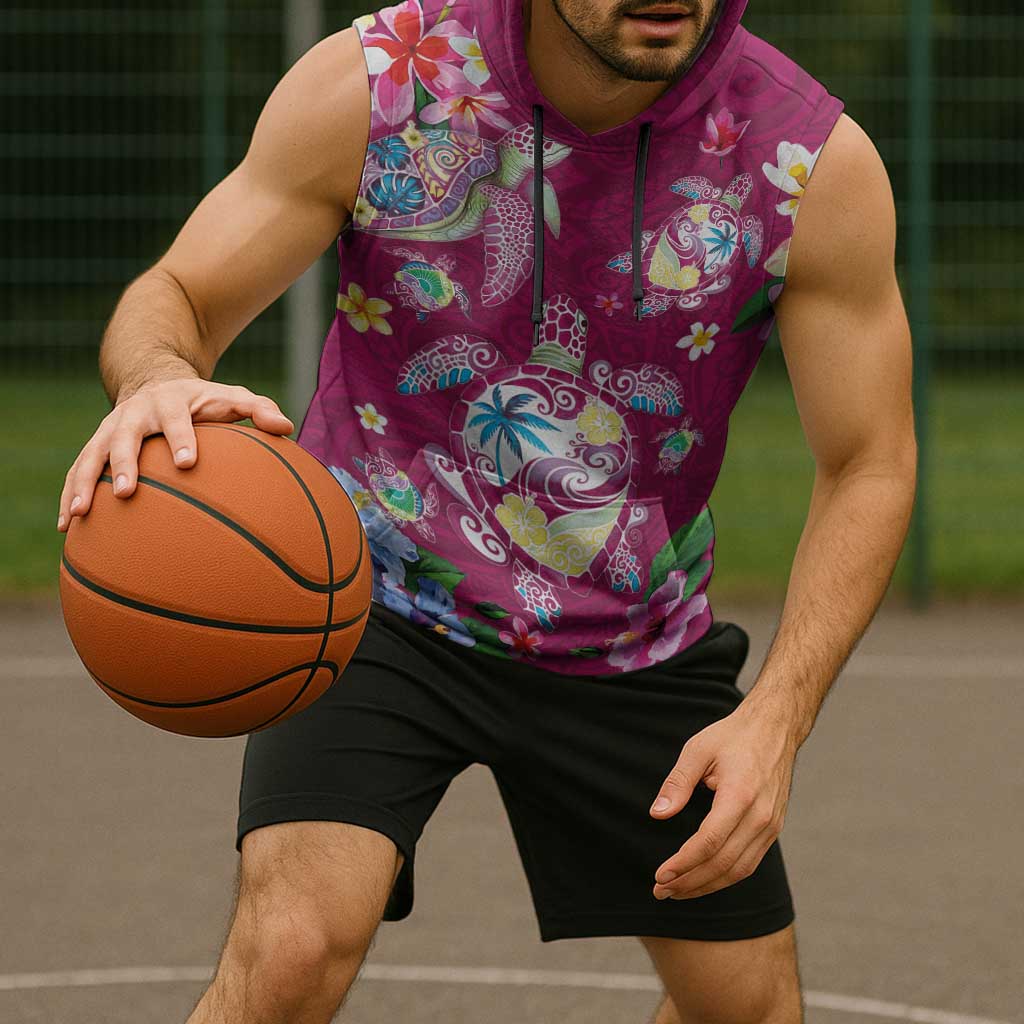 Hawaiian Turtles and Tropical Plants Sleeveless Hoodie Pink Watercolor