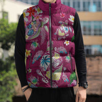 Hawaiian Turtles and Tropical Plants Sleeveless Puffer Jacket Pink Watercolor