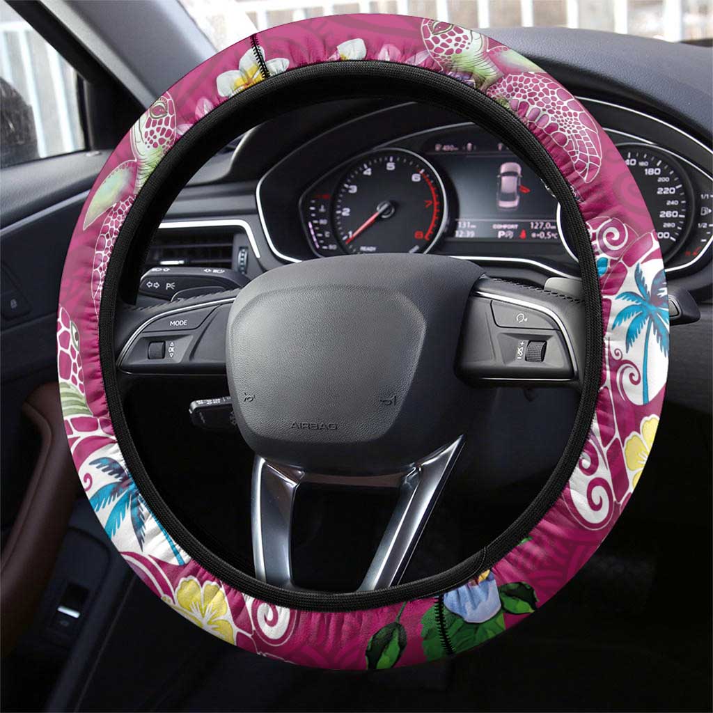 Hawaiian Turtles and Tropical Plants Steering Wheel Cover Pink Watercolor