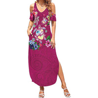 Hawaiian Turtles and Tropical Plants Summer Maxi Dress Pink Watercolor