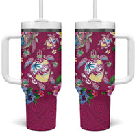 Hawaiian Turtles and Tropical Plants Tumbler With Handle Pink Watercolor LT03 One Size: 40 oz Pink - Polynesian Pride