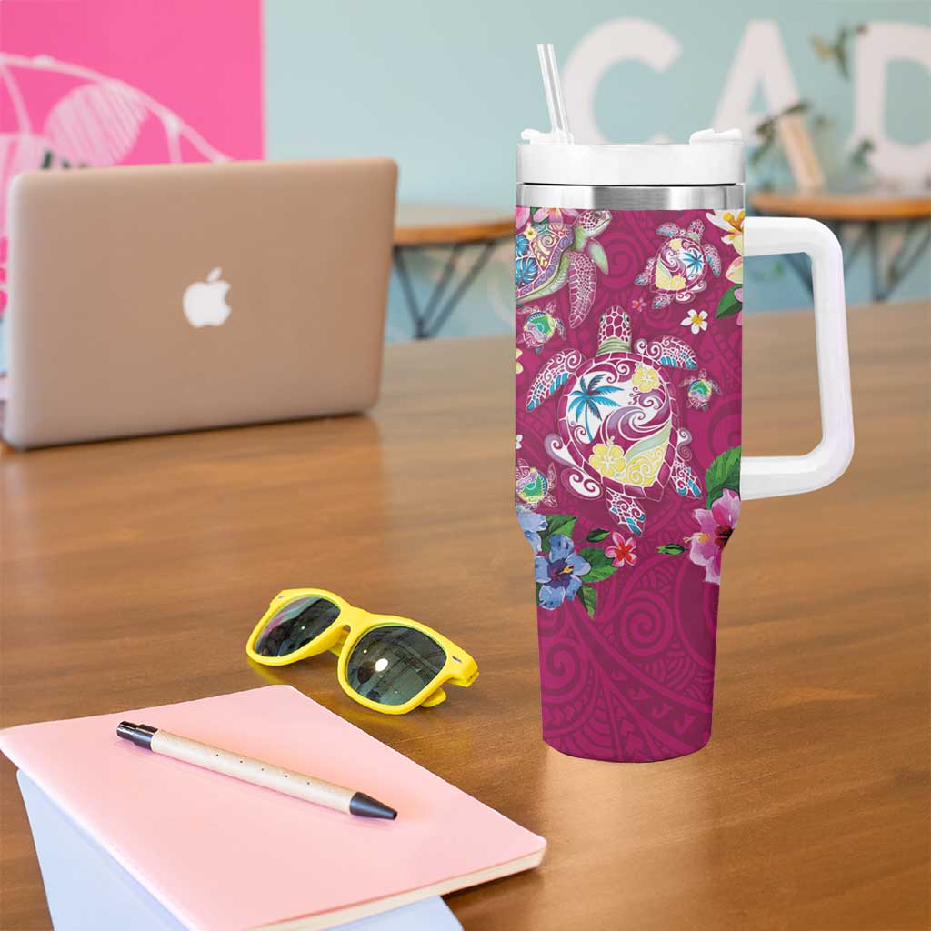Hawaiian Turtles and Tropical Plants Tumbler With Handle Pink Watercolor LT03 - Polynesian Pride