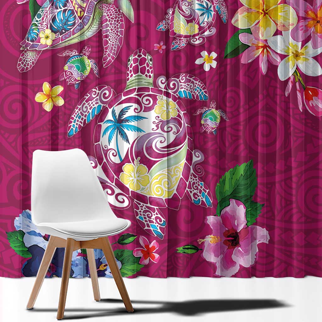 Hawaiian Turtles and Tropical Plants Window Curtain Pink Watercolor