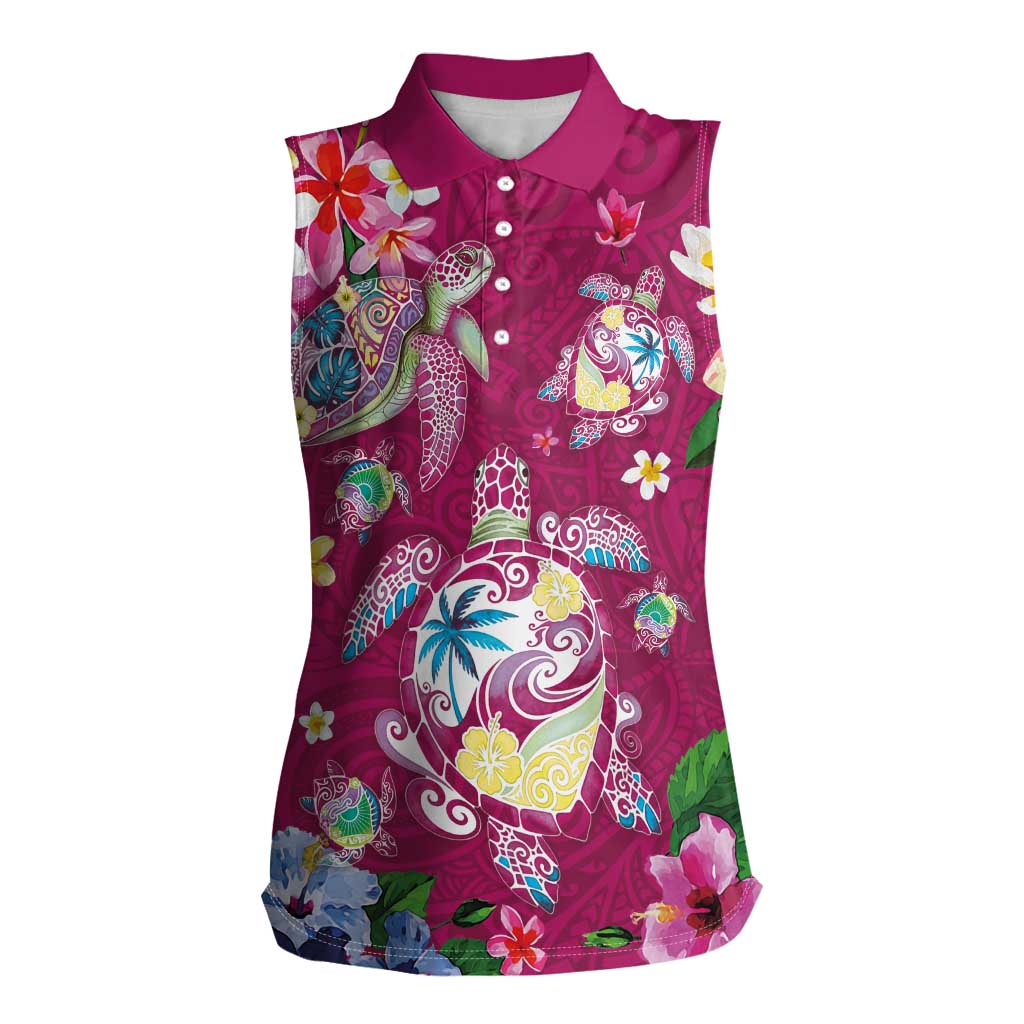 Hawaiian Turtles and Tropical Plants Women Sleeveless Polo Shirt Pink Watercolor