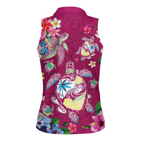 Hawaiian Turtles and Tropical Plants Women Sleeveless Polo Shirt Pink Watercolor