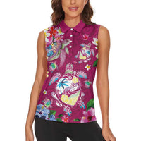 Hawaiian Turtles and Tropical Plants Women Sleeveless Polo Shirt Pink Watercolor