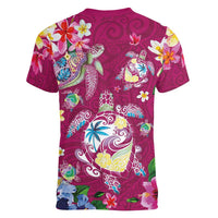 Hawaiian Turtles and Tropical Plants Women V-Neck T-Shirt Pink Watercolor