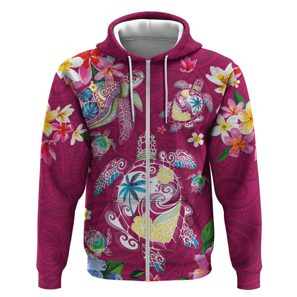Hawaiian Turtles and Tropical Plants Zip Hoodie Pink Watercolor