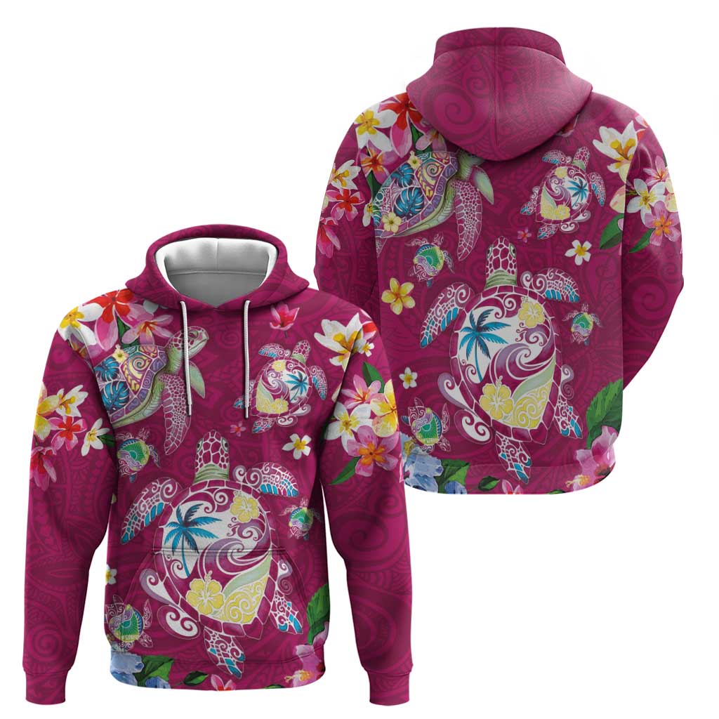 Hawaiian Turtles and Tropical Plants Zip Hoodie Pink Watercolor