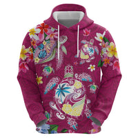Hawaiian Turtles and Tropical Plants Zip Hoodie Pink Watercolor