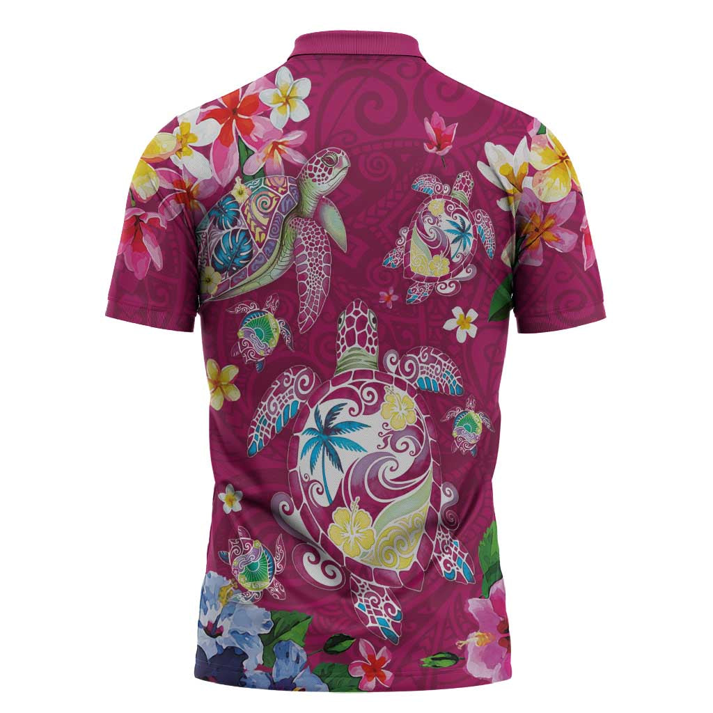 Hawaiian Turtles and Tropical Plants Zipper Polo Shirt Pink Watercolor