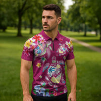 Hawaiian Turtles and Tropical Plants Zipper Polo Shirt Pink Watercolor