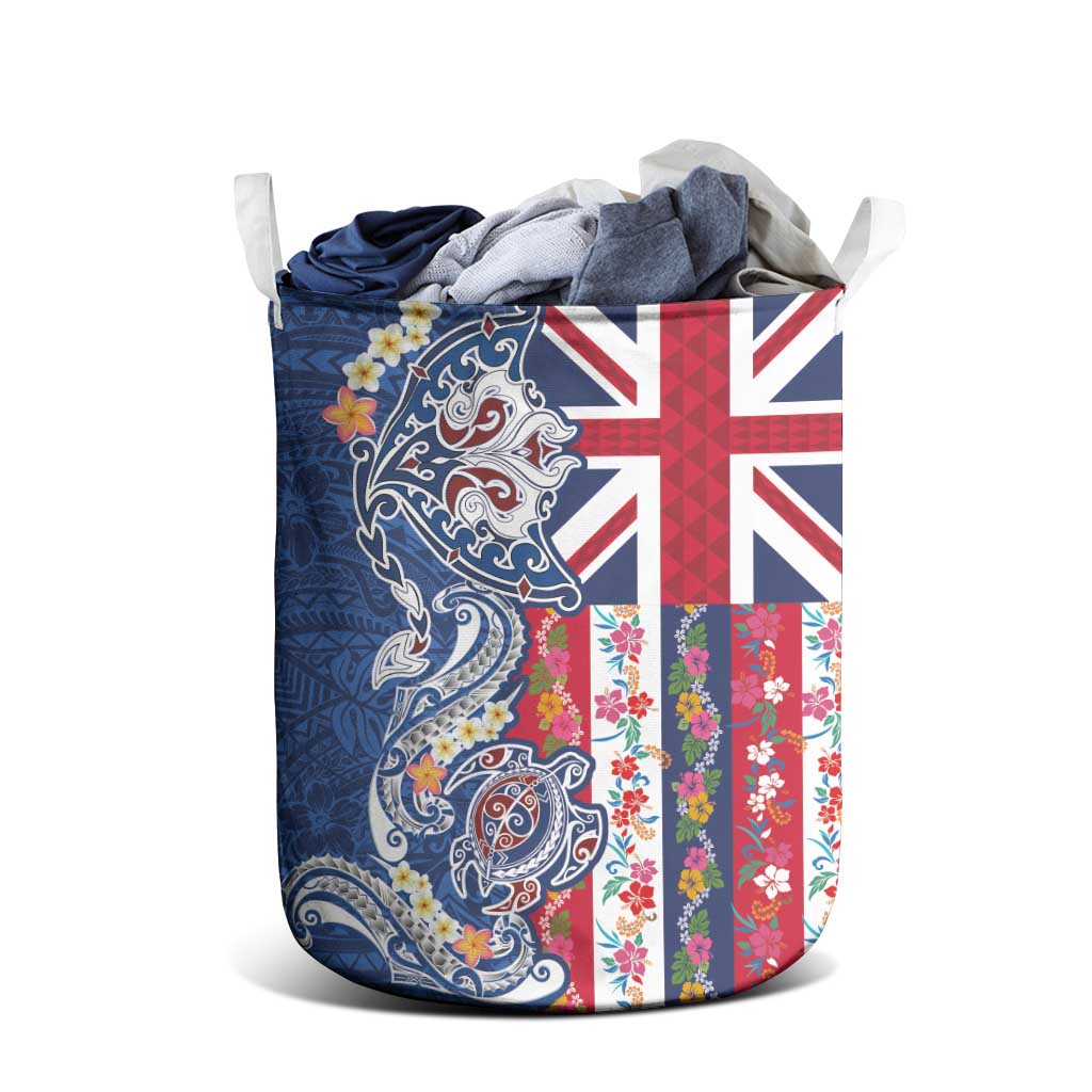 Hawaiian Manta Ray and Turtle Tribal Tattoo Laundry Basket With Hawaii Flag and Flowers LT03 - Polynesian Pride
