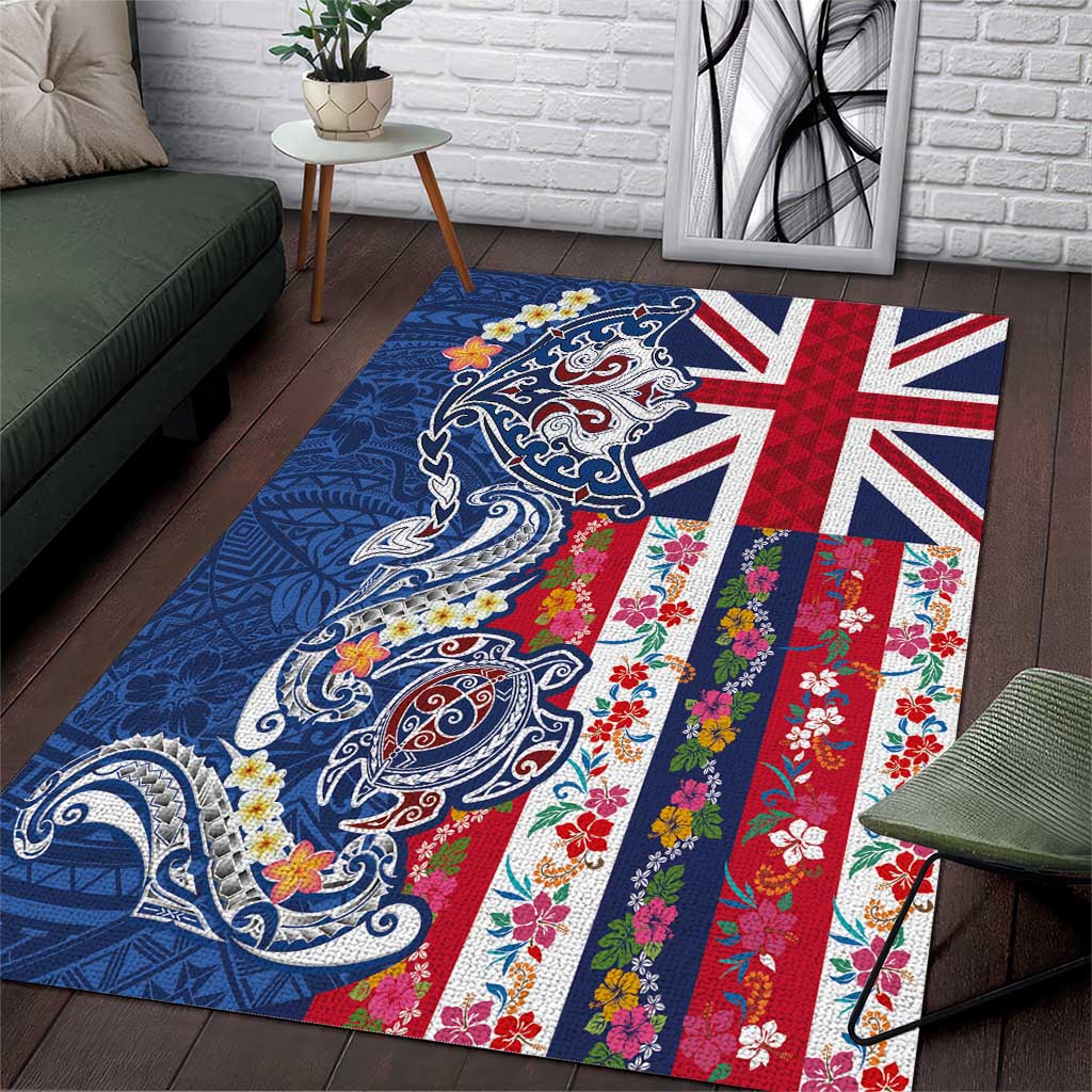 Hawaiian Manta Ray and Turtle Tribal Tattoo Area Rug With Hawaii Flag and Flowers LT03 Multicolor - Polynesian Pride
