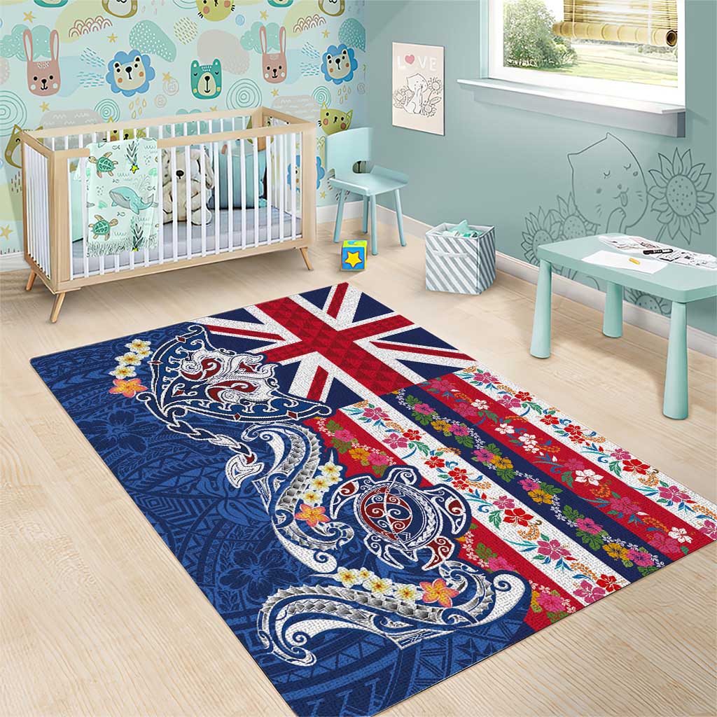 Hawaiian Manta Ray and Turtle Tribal Tattoo Area Rug With Hawaii Flag and Flowers LT03 - Polynesian Pride
