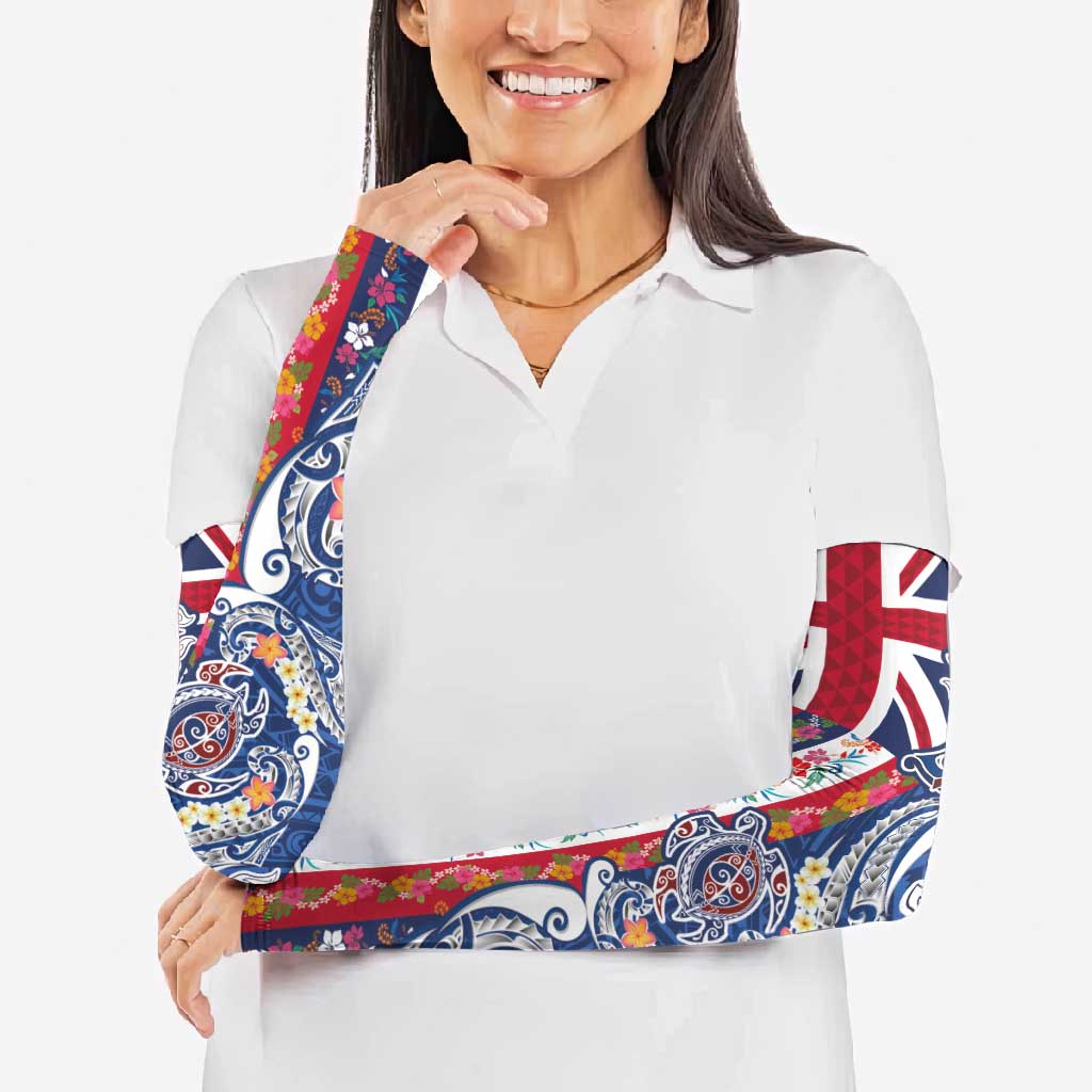 Hawaiian Manta Ray and Turtle Tribal Tattoo Arm Sleeves With Hawaii Flag and Flowers