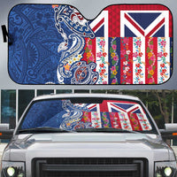 Hawaiian Manta Ray and Turtle Tribal Tattoo Auto Sun Shade With Hawaii Flag and Flowers LT03 Multicolor - Polynesian Pride