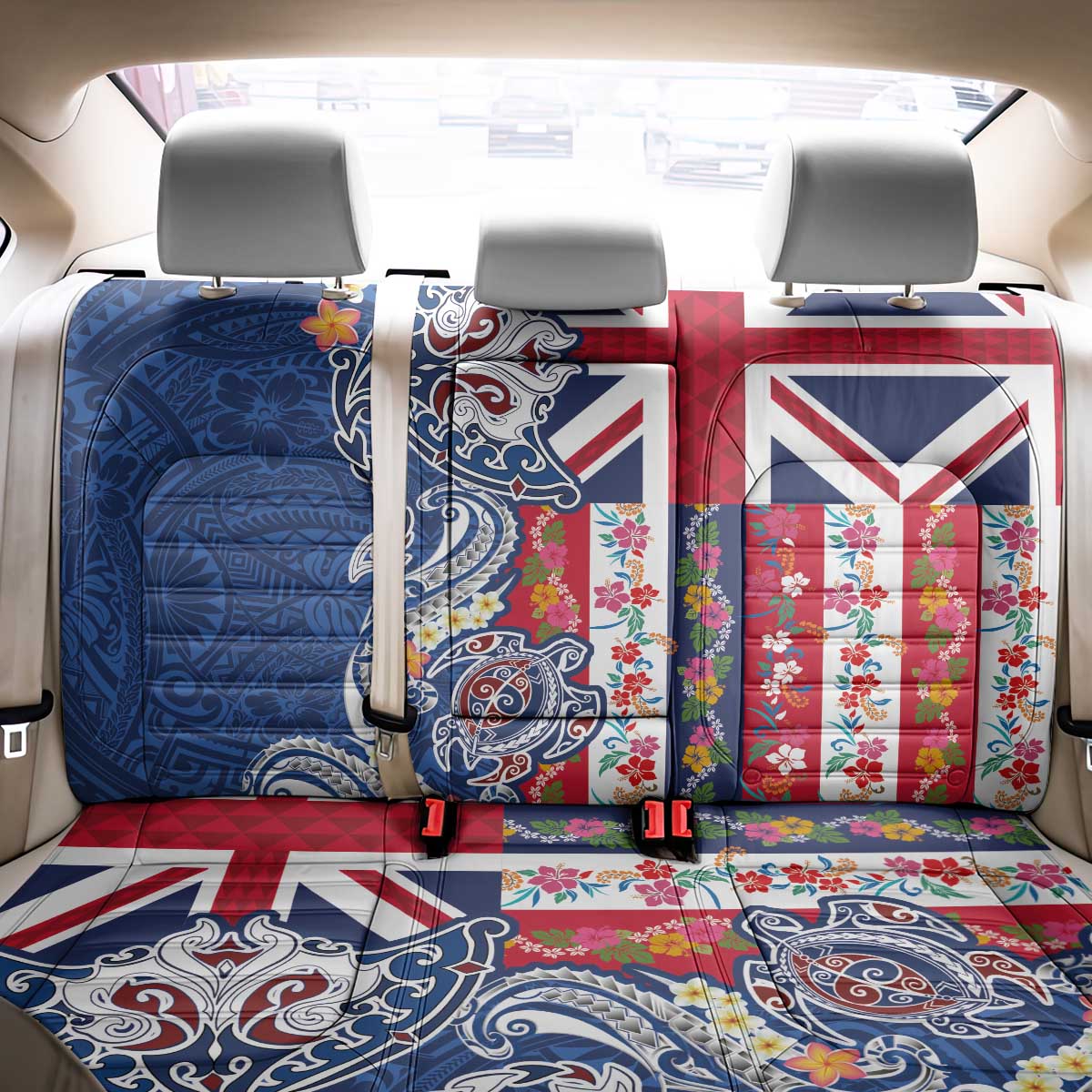 Hawaiian Manta Ray and Turtle Tribal Tattoo Back Car Seat Cover With Hawaii Flag and Flowers