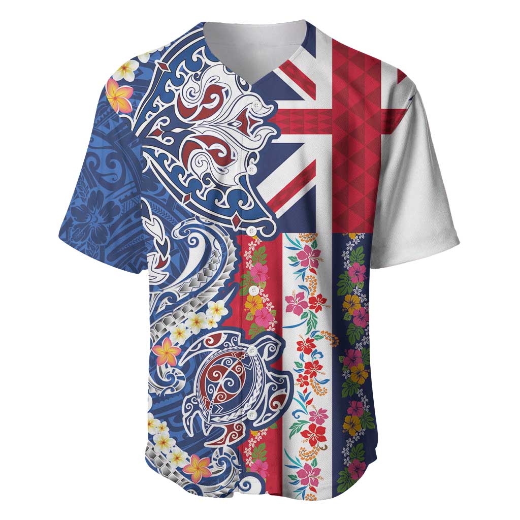 Hawaiian Manta Ray and Turtle Tribal Tattoo Baseball Jersey With Hawaii Flag and Flowers LT03 Multicolor - Polynesian Pride