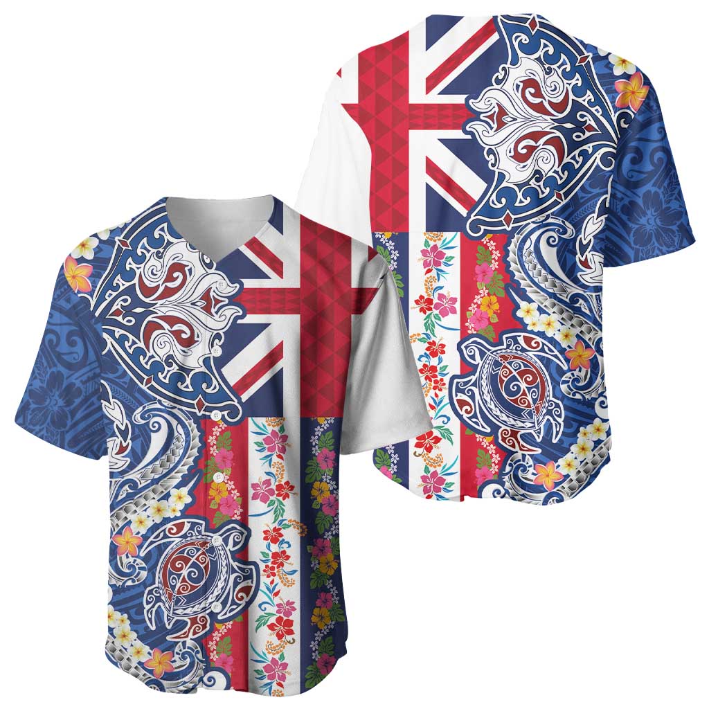 Hawaiian Manta Ray and Turtle Tribal Tattoo Baseball Jersey With Hawaii Flag and Flowers LT03 - Polynesian Pride