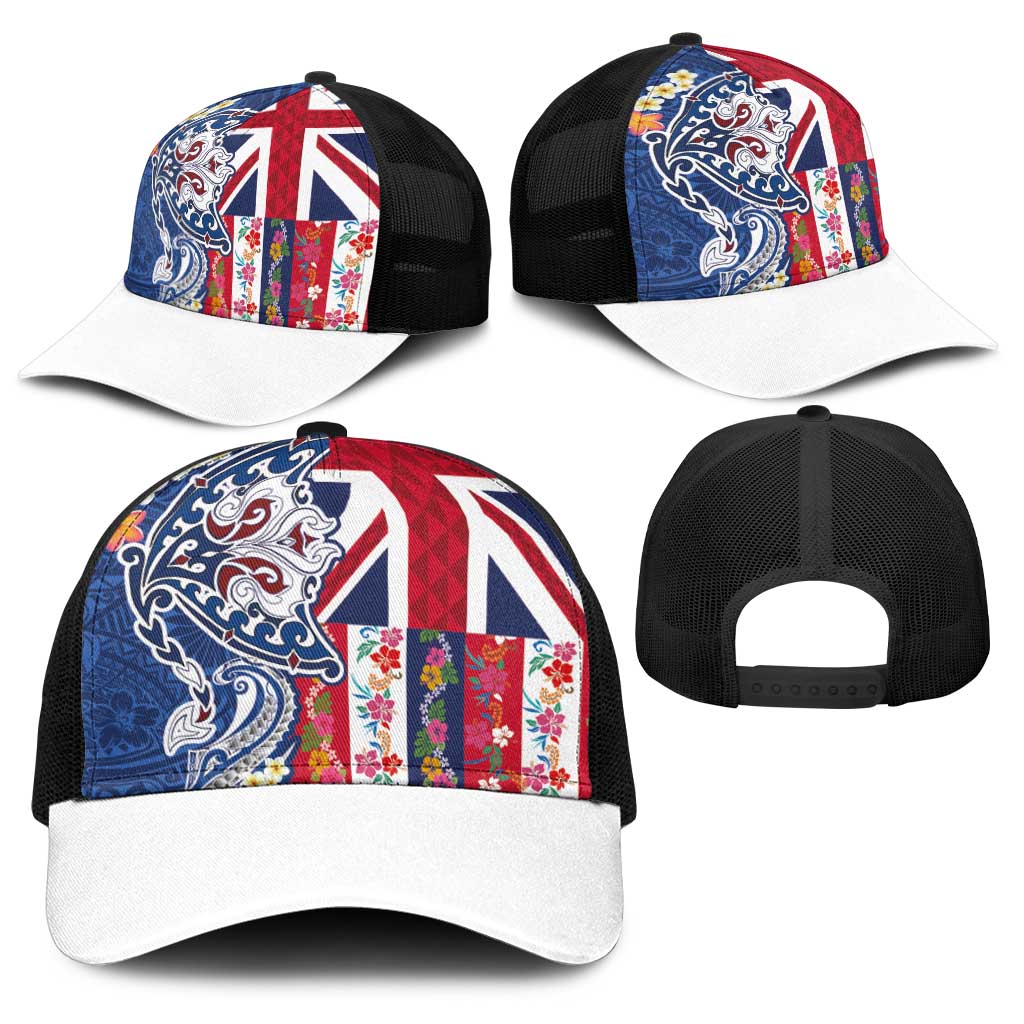 Hawaiian Manta Ray Baseball Net Cap with Hawaii Flag and Flowers