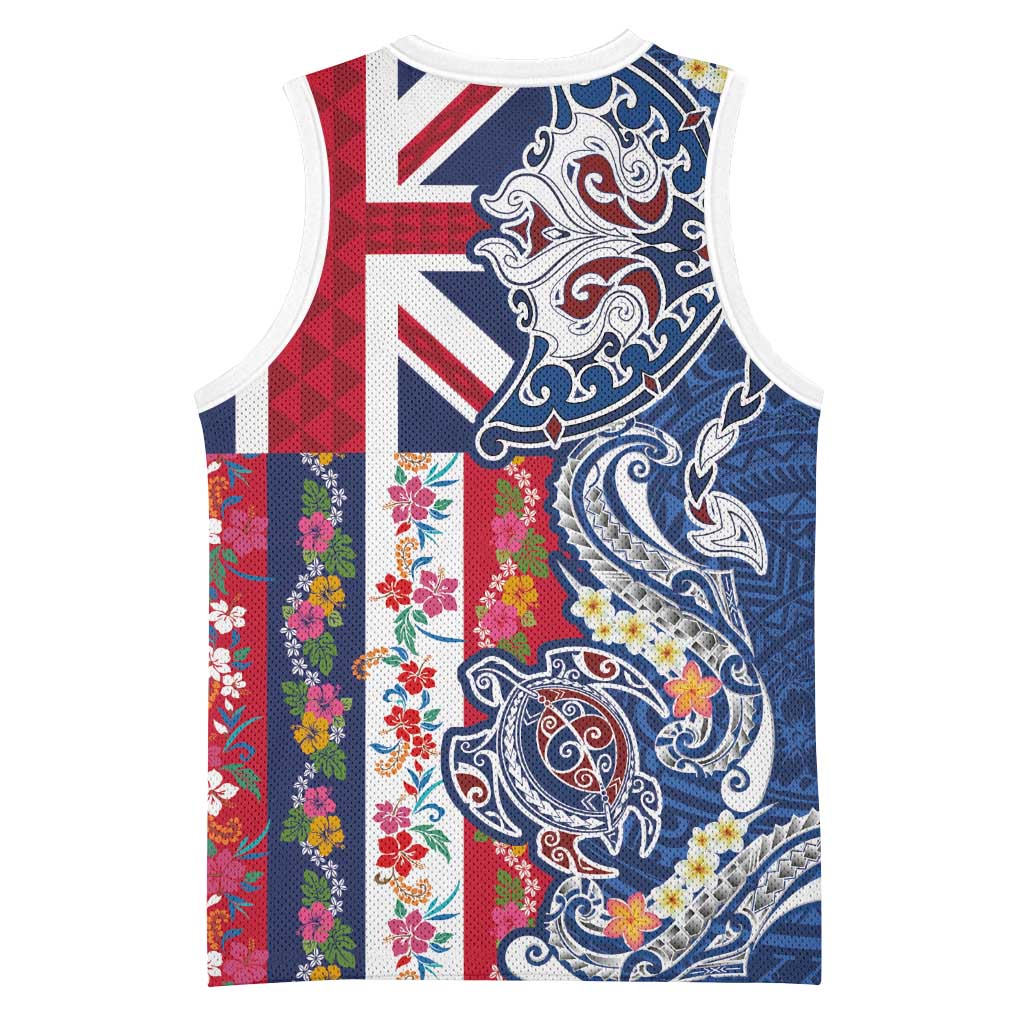Hawaiian Manta Ray and Turtle Tribal Tattoo Basketball Jersey With Hawaii Flag and Flowers