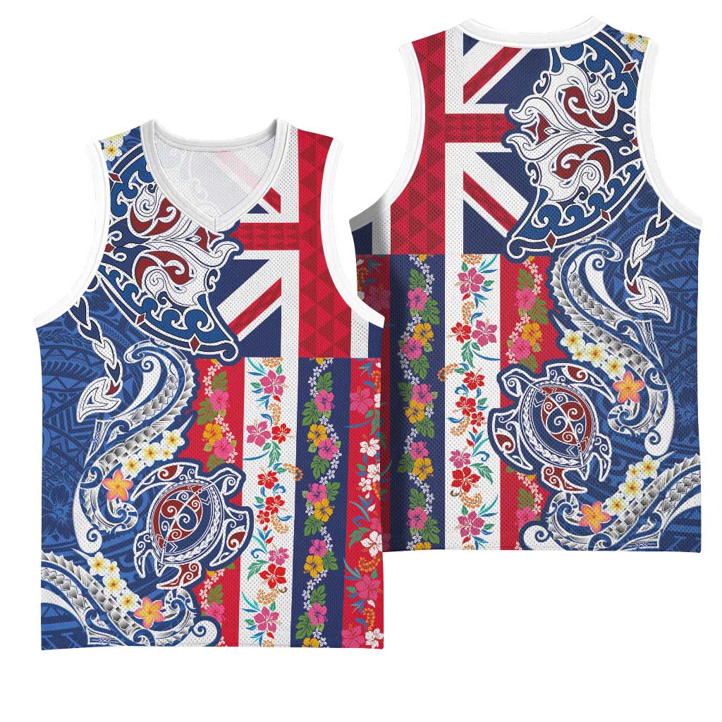 Hawaiian Manta Ray and Turtle Tribal Tattoo Basketball Jersey With Hawaii Flag and Flowers