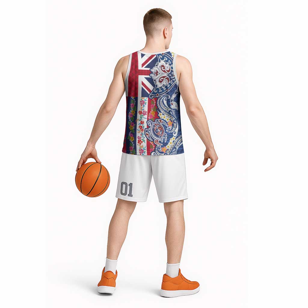 Hawaiian Manta Ray and Turtle Tribal Tattoo Basketball Jersey With Hawaii Flag and Flowers
