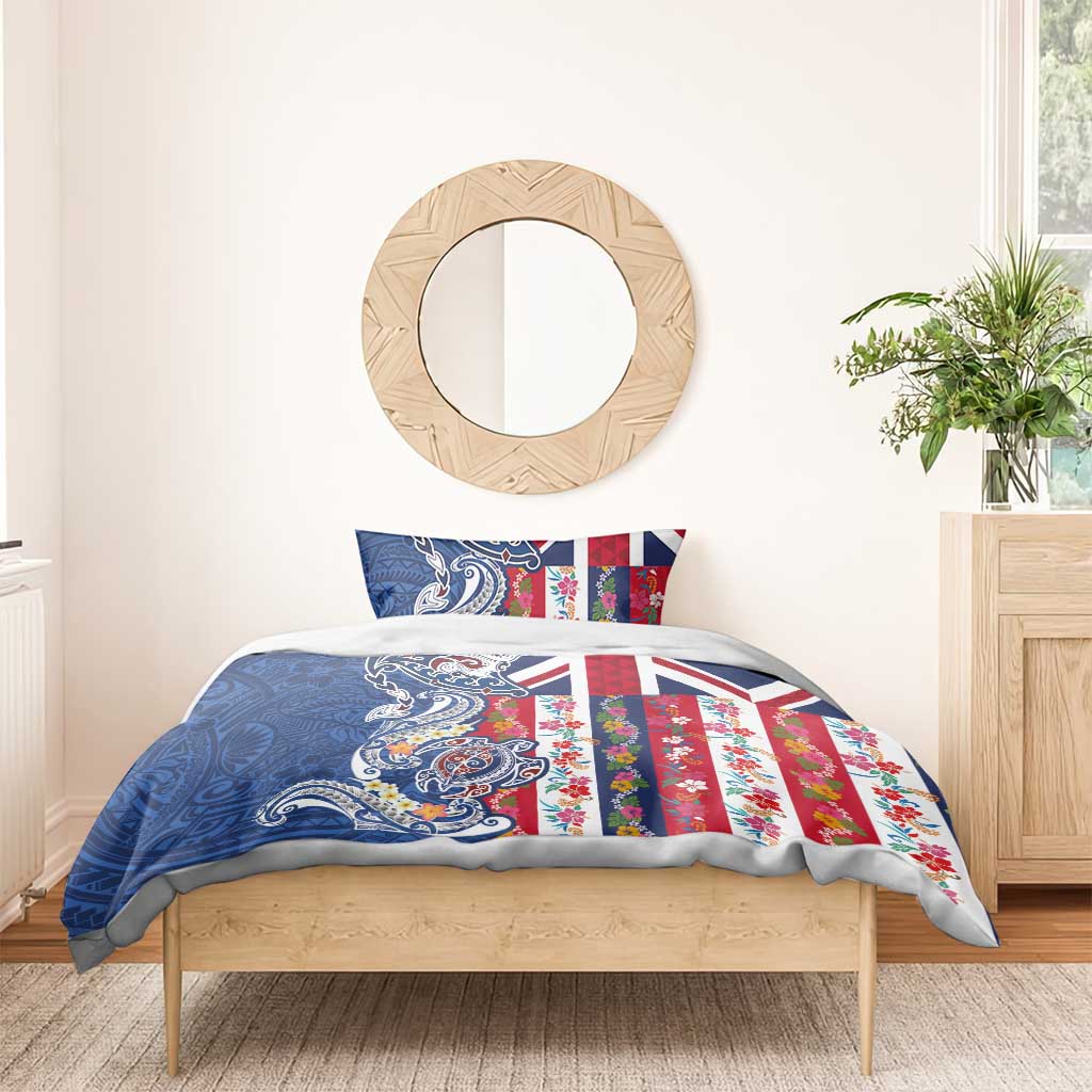 Hawaiian Manta Ray and Turtle Tribal Tattoo Bedding Set With Hawaii Flag and Flowers
